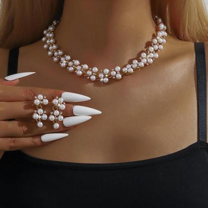 Imagem de Conjunto De Colar E Brincos De Pérola Brilhante Com Strass Para Mulheres Acessórios De Festa