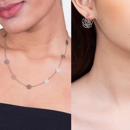 Imagem de Conjunto De Colar E Brincos Rommanel Rosas Vazadas Banhados Ouro 18k