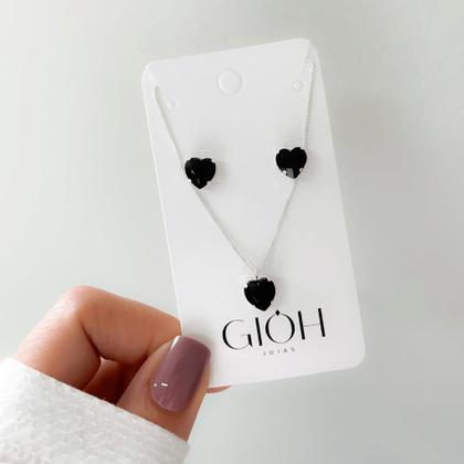 Imagem de Conjunto de Coração com Zircônia Preta em Prata 925