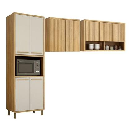 Imagem de Conjunto de Cozinha Armário Paneleiro 4 Portas com Nicho e 2 Armários Aéreo Ripado Torino