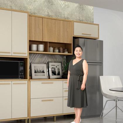 Imagem de Conjunto de Cozinha Armário Paneleiro 4 Portas com Vidro e 2 Armários Aéreo Ripado Torino