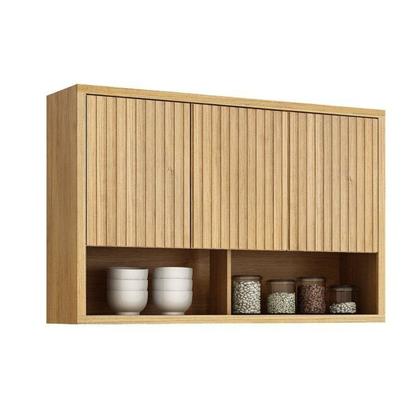 Imagem de Conjunto de Cozinha Armário Paneleiro 4 Portas com Vidro e 2 Armários Aéreo Ripado Torino