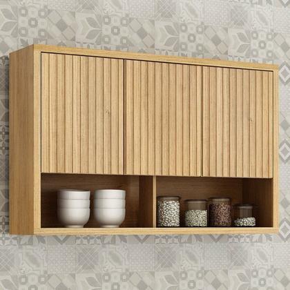 Imagem de Conjunto de Cozinha Armário Paneleiro 4 Portas com Vidro e 2 Armários Aéreo Ripado Torino