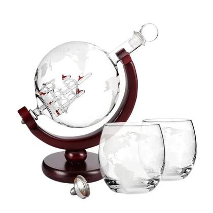 Imagem de Conjunto De Decanter De Uísque Em Forma De Globo, Carafe Sem Chumbo Com Suporte De Madeira E 2