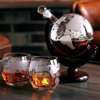 Imagem de Conjunto De Decanter De Uísque Em Forma De Globo, Carafe Sem Chumbo Com Suporte De Madeira E 2