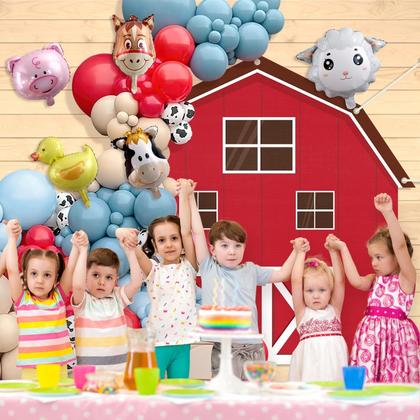 Imagem de Conjunto de decoração de festa de animais de fazenda Pano de fundo de fazenda, balão de vaca, guirlanda, kit de arco, balões temáticos de fazenda, cabine de fotos, fotografia, decoração de fundo para aniversários de Halloween, crianças, suprimentos para festas de chá de bebê