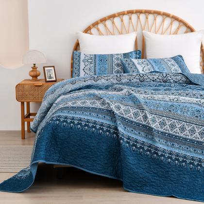 Imagem de Conjunto de edredões WONGS BEDDING Blue Boho listrado em tamanho real (200x230cm)