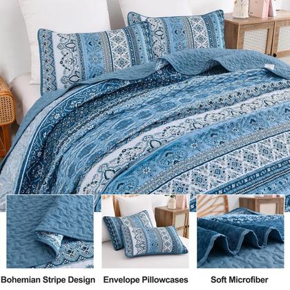 Imagem de Conjunto de edredões WONGS BEDDING Blue Boho listrado em tamanho real (200x230cm)