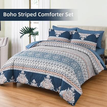 Imagem de Conjunto de edredom DJY Blue Queen Size, 7 peças, cama listrada boho em uma bolsa
