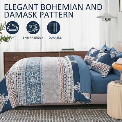 Imagem de Conjunto de edredom DJY Blue Queen Size, 7 peças, cama listrada boho em uma bolsa