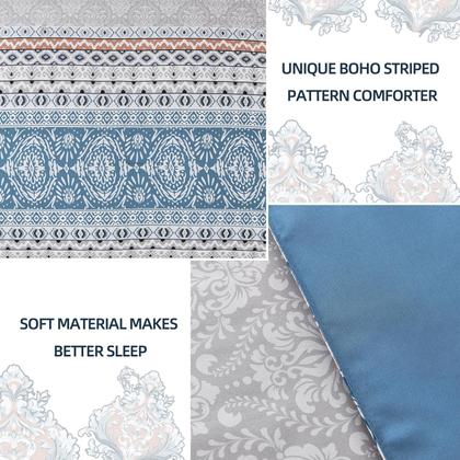 Imagem de Conjunto de edredom DJY Blue Queen Size, 7 peças, cama listrada boho em uma bolsa