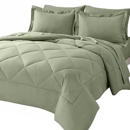 Imagem de Conjunto de edredom duplo CozyLux com lençóis 5 peças de cama em um saco Conjuntos de cama verde sálvia para todas as estações com edredom, fronhas, lençol de cima, lençol com elástico e fronhas