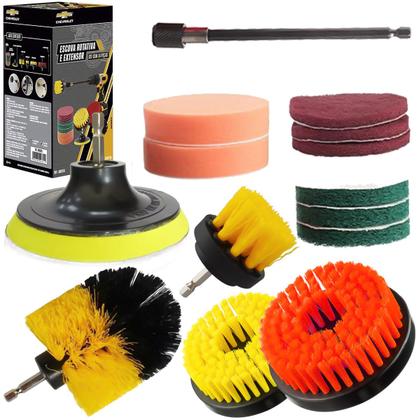 Imagem de Conjunto De Escovas Rotativas Para Limpeza De Carro Pisos Móveis Com Extensor 14 Peças 