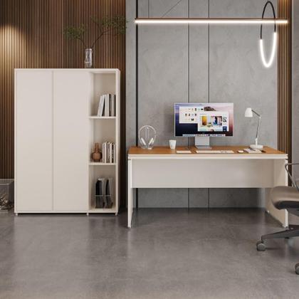 Imagem de Conjunto De Escritório Office 2 Peças Mesa Armário Alto Tund - Off White E Cedro Off White E Cedro