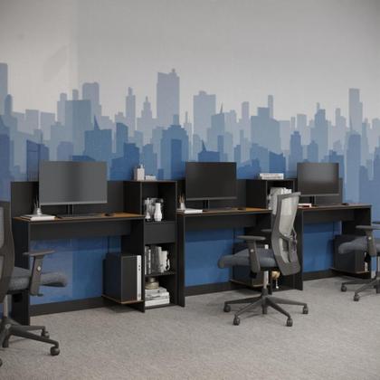 Imagem de Conjunto De Escritório Tech 2 Livreiro E 3 Mesas 90cm - Vian - Preto E Cedro Preto E Cedro