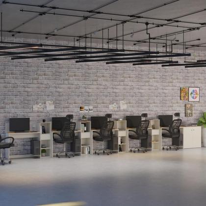 Imagem de Conjunto De Escritório Tech 4 Livreiro 1 Buffet E 5 Mesas 90 - Off White E Cedro Off White E Cedro