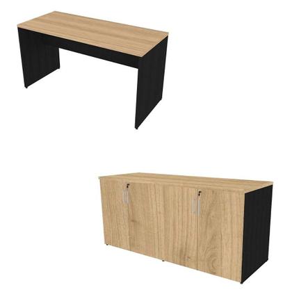 Imagem de Conjunto de Escrivaninha com Armário de Escritório Tonal 4 PT Preto e Carvalho Mel