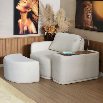 Imagem de Conjunto de Estofado James 02 Lugares Com Puff, Console com Luminária em Boucle Bege
