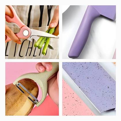 Imagem de Conjunto de Facas 6 Peças Colorido e Multiuso com Tesoura e Descascador em Aço Inoxidável Premium