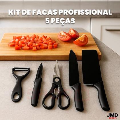 Imagem de Conjunto de Facas Cozinha com Antiaderente e Cabos Anatômicos Preto Fosco