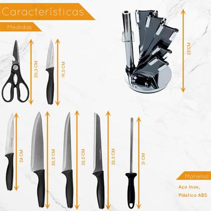 Imagem de Conjunto de Facas de 8 Peças com Suporte Chaira Tesoura e Faca Jogo de Facas em Aço Inox