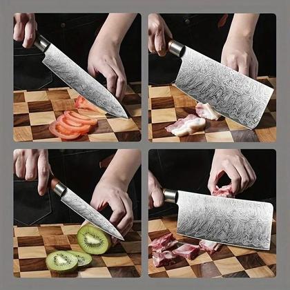 Imagem de Conjunto De Facas Estilo Japonês Com Textura Damascada, 1/4 Peças, Faca De Chef Afiada, Santoku,