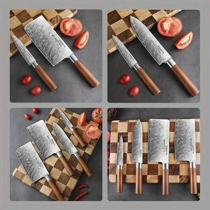 Imagem de Conjunto De Facas Estilo Japonês Com Textura Damascada, 1/4 Peças, Faca De Chef Afiada, Santoku,