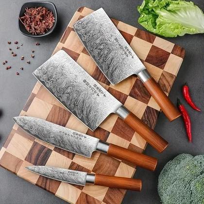 Imagem de Conjunto De Facas Estilo Japonês Com Textura Damascada, 1/4 Peças, Faca De Chef Afiada, Santoku,
