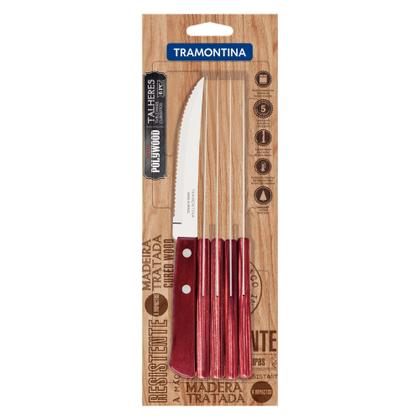 Imagem de Conjunto de Facas para Churrasco 5" Tramontina 6 Peças em Aço Inox e Cabos Madeira Polywood Vermelho