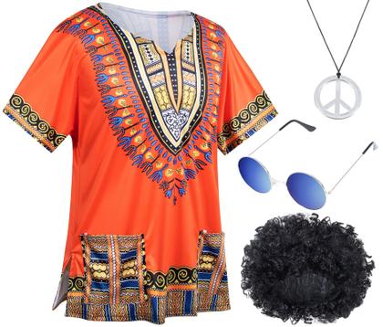 Imagem de Conjunto de fantasias Hippie dos anos 70 para homens, camiseta afro, tamanho GG