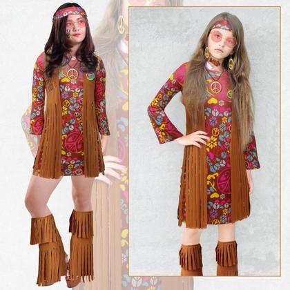 Imagem de Conjunto de fantasias Kathfly Hippie para meninas e crianças dos anos 70 e 60, 18 unidades