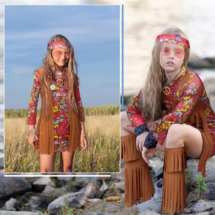 Imagem de Conjunto de fantasias Kathfly Hippie para meninas e crianças dos anos 70 e 60, 18 unidades