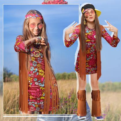 Imagem de Conjunto de fantasias Kathfly Hippie para meninas e crianças dos anos 70 e 60, 18 unidades