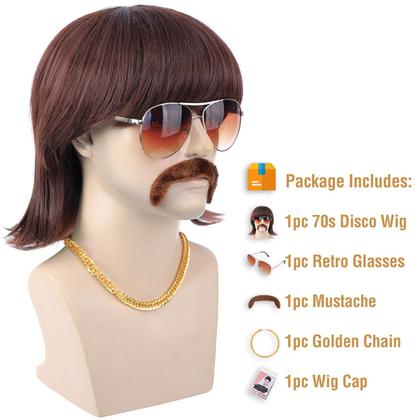 Imagem de Conjunto de fantasias Morvally, peruca de discoteca dos anos 70 e 80 com corrente para óculos de bigode