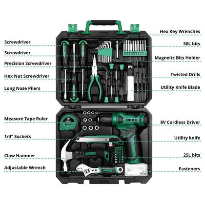 Imagem de Conjunto de ferramentas: furadeira sem fio DEKOPRO Drill 8V, kit de 126 peças para mulheres