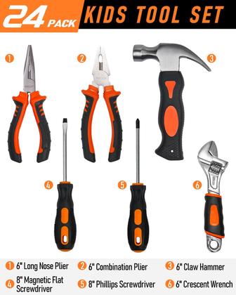 Imagem de Conjunto de ferramentas INCLY Kids Real, 24 peças com bolsa de ferramentas, chave de fenda Hammer