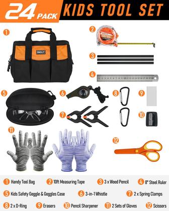 Imagem de Conjunto de ferramentas INCLY Kids Real, 24 peças com bolsa de ferramentas, chave de fenda Hammer