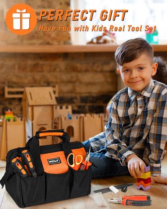 Imagem de Conjunto de ferramentas INCLY Kids Real, 24 peças com bolsa de ferramentas, chave de fenda Hammer