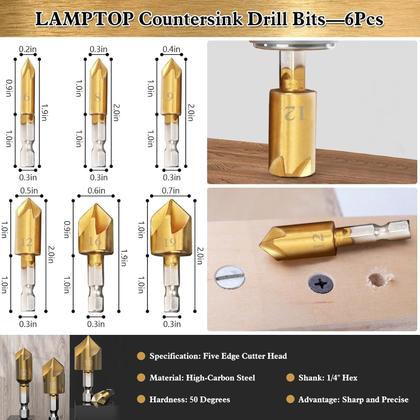 Imagem de Conjunto de ferramentas para carpintaria LAMPTOP, pacote com 26 brocas escareadas