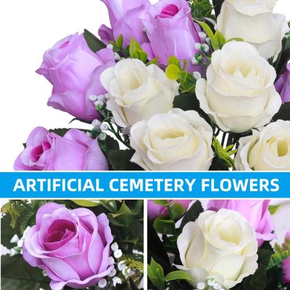 Imagem de Conjunto de flores artificiais de cemitério Hibsotco com vaso branco com roxo