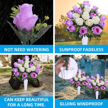 Imagem de Conjunto de flores artificiais de cemitério Hibsotco com vaso branco com roxo