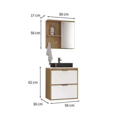 Imagem de Conjunto de Gabinete e Armário com Espelho Orion 2 PT 1 GV Branco e Carvalho Mel