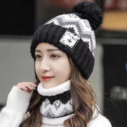 Imagem de Conjunto De Gorro E Cachecol De Veludo Plush Para Inverno Feminino, Protetor De Pescoço À Prova De