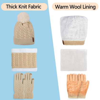 Imagem de Conjunto de gorro feminino de inverno, cachecol e luvas, gorros femininos com lenço infinito de pompom, conjuntos de luvas tricotadas com tela sensível ao toque, boné térmico feminino, roxo, grosso, quente e macio, forrado de lã
