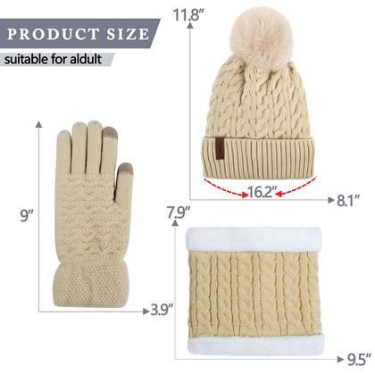 Imagem de Conjunto de gorro feminino de inverno, cachecol e luvas, gorros femininos com lenço infinito de pompom, conjuntos de luvas tricotadas com tela sensível ao toque, boné térmico feminino, roxo, grosso, quente e macio, forrado de lã