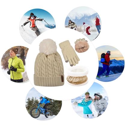 Imagem de Conjunto de gorro feminino de inverno, cachecol e luvas, gorros femininos com lenço infinito de pompom, conjuntos de luvas tricotadas com tela sensível ao toque, boné térmico feminino, roxo, grosso, quente e macio, forrado de lã