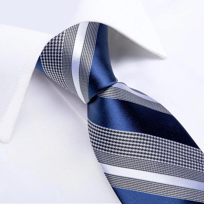 Imagem de Conjunto de Gravata, Abotinaduras e Lenço de Bolso Listrado Azul para Homens - Luxo para Casamento