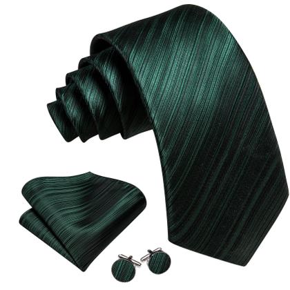 Imagem de Conjunto de gravata Barry.Wang com listras de seda verde escuro 150 cm