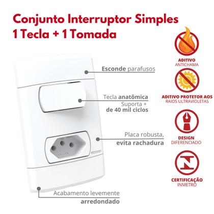 Imagem de  Conjunto De Interruptores Simples 1 Tecla E Tomada 2 Pinos 10A Branco Durín