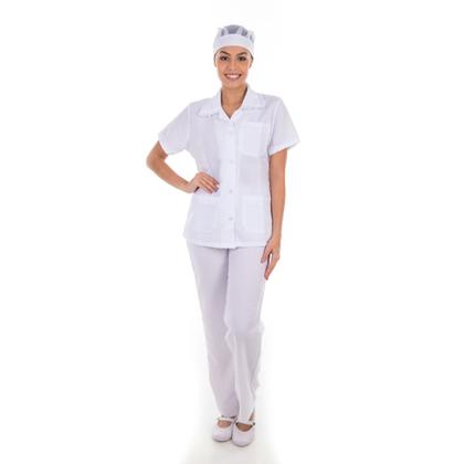 Imagem de Conjunto de Jaleco e Calça em Oxford com Bordado Ingles para Copeira, Arrumadeira, Faxineira Não Mancha com Cândida Seca Rápido Não Amassa Dia a Dia